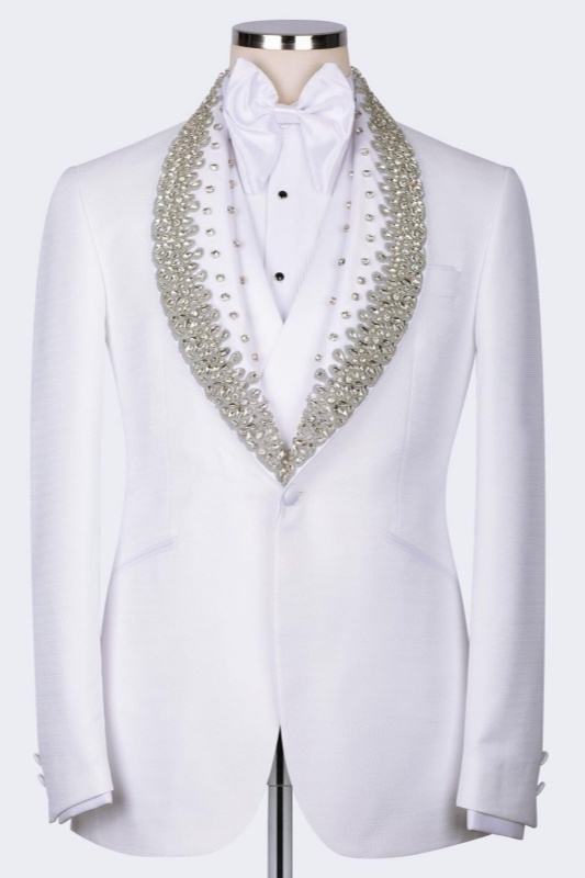 Quennel Handsome White Shawl Lapel Three Pieces Beadings Wedding Men Suits Quennel Handsome White Shawl Lapel Three Pieces Beadings Wedding Men Suits