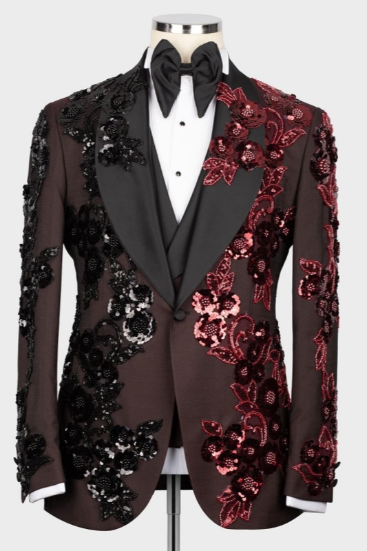 Rachel New Arrival Coffee Shawl Lapel Three Pieces Appliques Men Suits