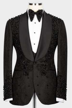 Sam Fashion Black Jacquard Shawl Lapel Three Pieces Beadings Men Suits