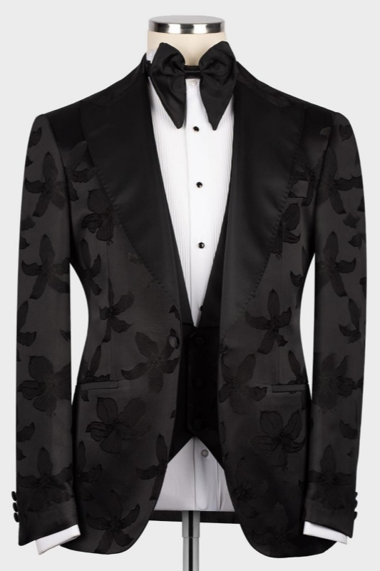 Tab Black Jacquard Peaked Lapel Three Pieces Men Suits