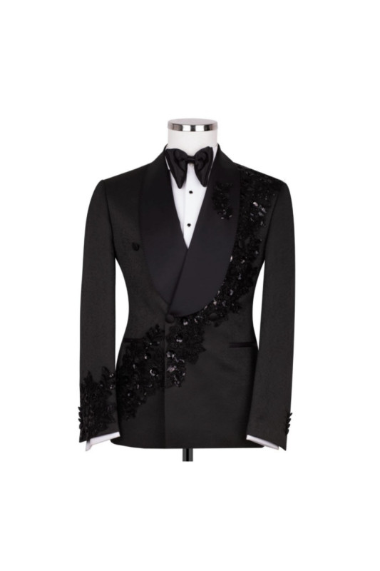 Ulysses Smart Black Shawl Lapel Double Breasted Appliques Wedding Men Suits Ulysses Smart Black Shawl Lapel Double Breasted Appliques Wedding Men Suits