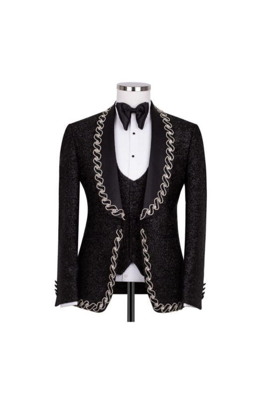 Abbott Newest Black Sequins Shawl Lapel Three Pieces Wedding Men Suits With Braid