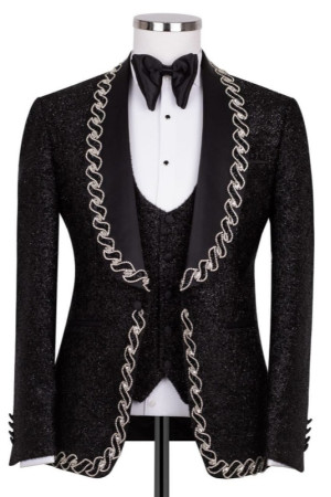 Abbott Newest Black Sequins Shawl Lapel Three Pieces Wedding Men Suits With Braid Abbott Newest Black Sequins Shawl Lapel Three Pieces Wedding Men Suits With Braid