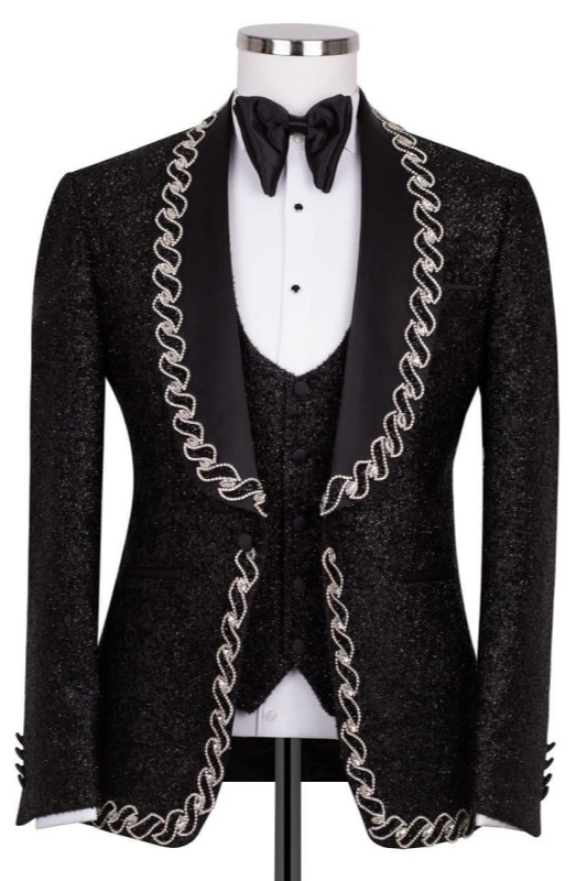 Abbott Newest Black Sequins Shawl Lapel Three Pieces Wedding Men Suits With Braid