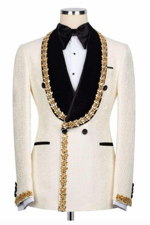 Darcy Stylish Ivory Jacquard Shawl Lapel Double Breasted Men Suits With Braid
