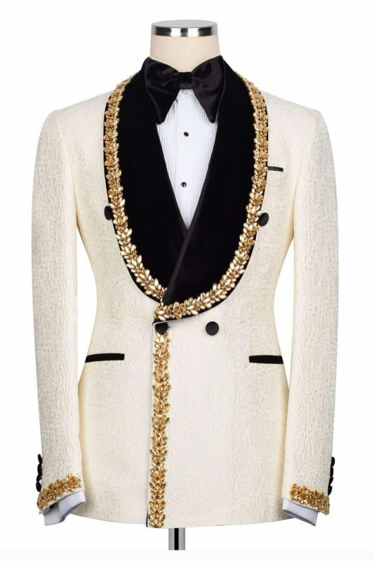Darcy Stylish Ivory Jacquard Shawl Lapel Double Breasted Men Suits With Braid Darcy Stylish Ivory Jacquard Shawl Lapel Double Breasted Men Suits With Braid