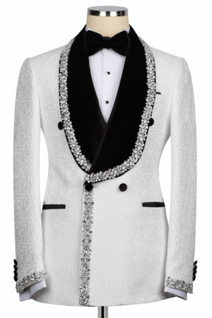 Eden Stylish White Jacquard Shawl Lapel Double Breasted Men Suits With Braid Eden Stylish White Jacquard Shawl Lapel Double Breasted Men Suits With Braid