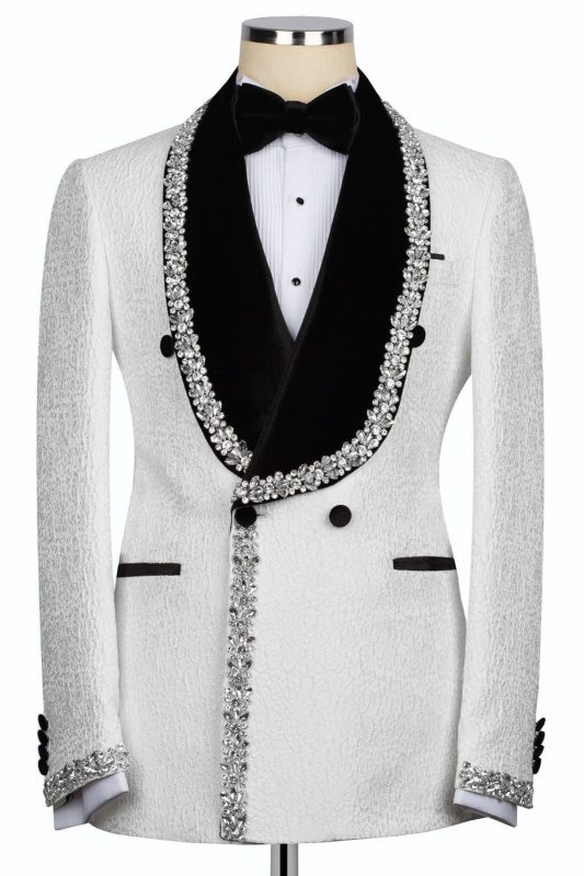 Eden Stylish White Jacquard Shawl Lapel Double Breasted Men Suits With Braid