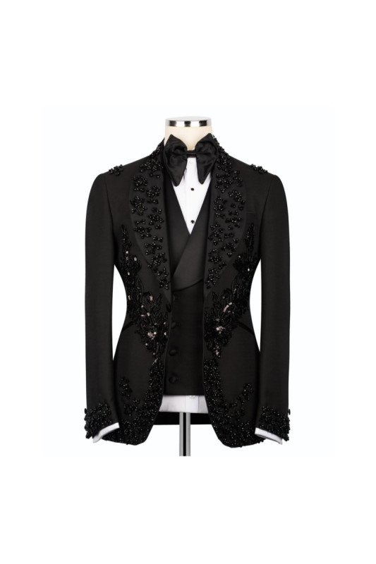 Gale Modern Black Shawl Lapel Three Pieces Appliques Wedding Men Suits