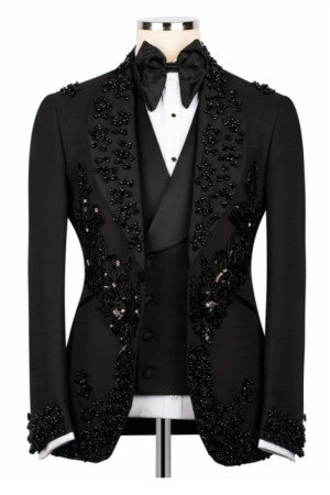 Gale Modern Black Shawl Lapel Three Pieces Appliques Wedding Men Suits Gale Modern Black Shawl Lapel Three Pieces Appliques Wedding Men Suits