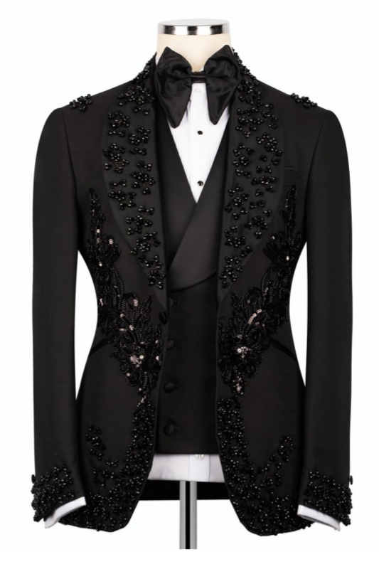 Gale Modern Black Shawl Lapel Three Pieces Appliques Wedding Men Suits