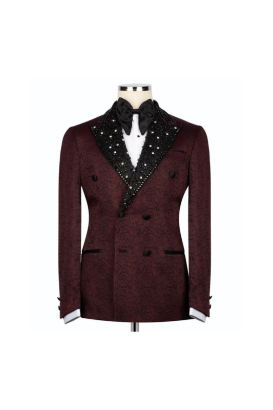 Hale Fashion Burgundy Jacquard Peaked Lapel Double Breasted Prom Men Suits With Beadings