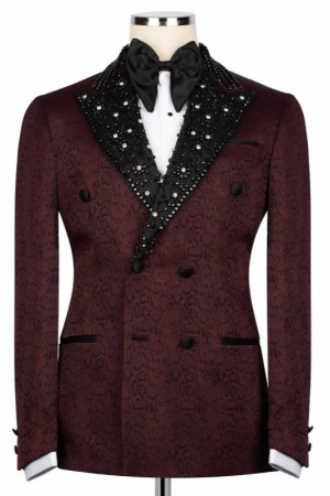 Hale Fashion Burgundy Jacquard Peaked Lapel Double Breasted Prom Men Suits With Beadings Hale Fashion Burgundy Jacquard Peaked Lapel Double Breasted Prom Men Suits With Beadings