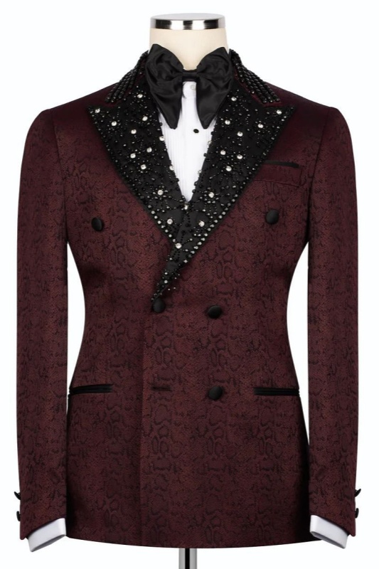 Hale Fashion Burgundy Jacquard Peaked Lapel Double Breasted Prom Men Suits With Beadings