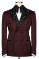 Hale Fashion Burgundy Jacquard Peaked Lapel Double Breasted Prom Men Suits With Beadings