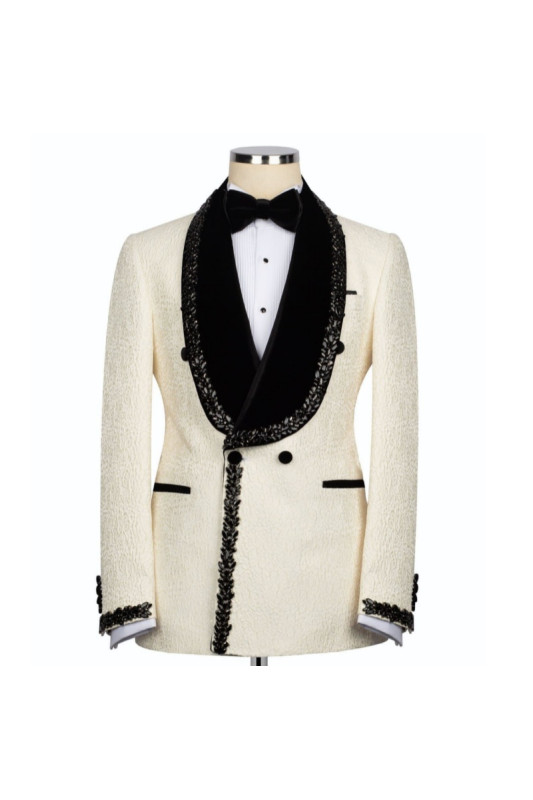 Jackson Glamorous Ivory Jacquard Shawl Lapel Double Breasted Wedding Men Suits With Braid