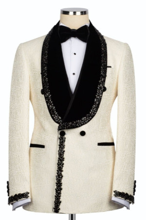 Jackson Glamorous Ivory Jacquard Shawl Lapel Double Breasted Wedding Men Suits With Braid Jackson Glamorous Ivory Jacquard Shawl Lapel Double Breasted Wedding Men Suits With Braid