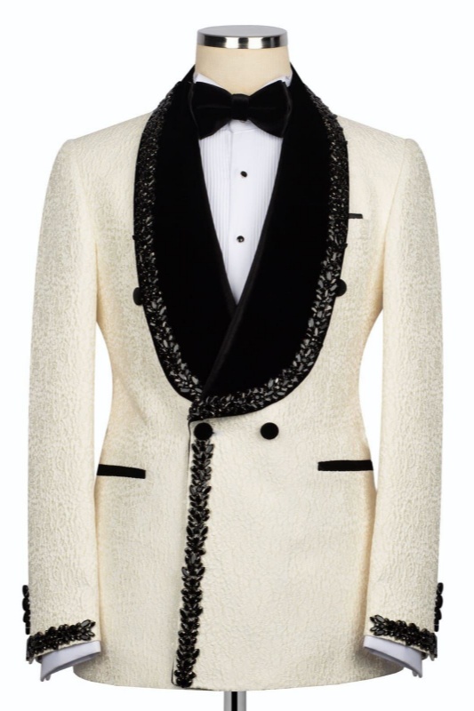 Jackson Glamorous Ivory Jacquard Shawl Lapel Double Breasted Wedding Men Suits With Braid