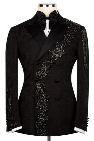 Lance Modern Black Jacquard Peaked Lapel Double Breasted Appliques Men Suits