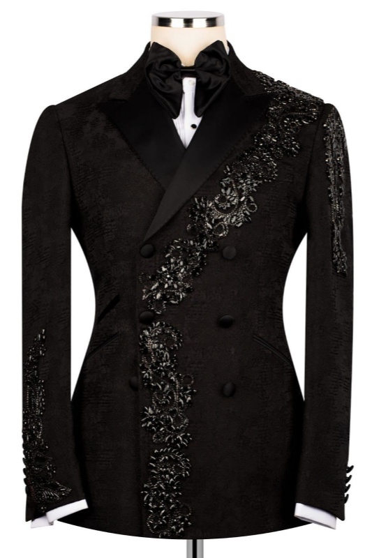 Lance Modern Black Jacquard Peaked Lapel Double Breasted Appliques Men Suits