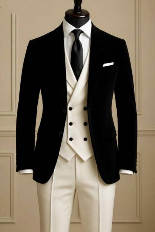 Nigel Modern Black Peaked Lapel Three Pieces Men Suits For Prom
