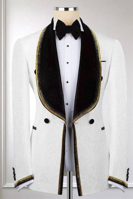 Owen New Arrival White Shawl Lapel Jacquard Wedding Men Suits With Webbings 