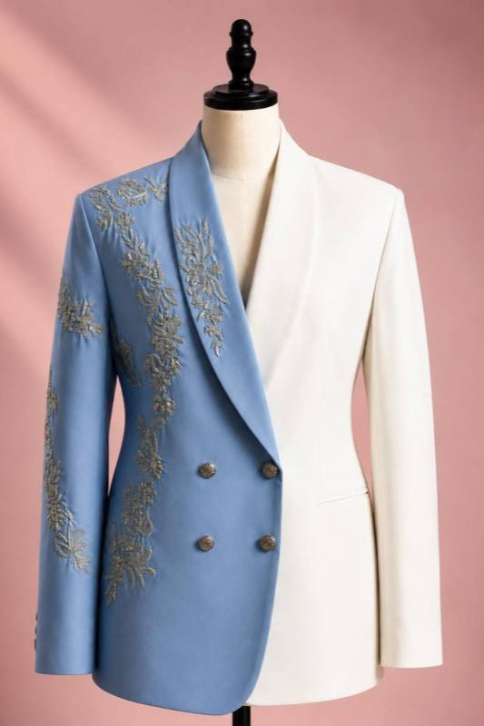 Peter Fancy White And Blue Shawl Lapel Double Breasted Appliques Men Suits For Prom Peter Fancy White And Blue Shawl Lapel Double Breasted Appliques Men Suits For Prom