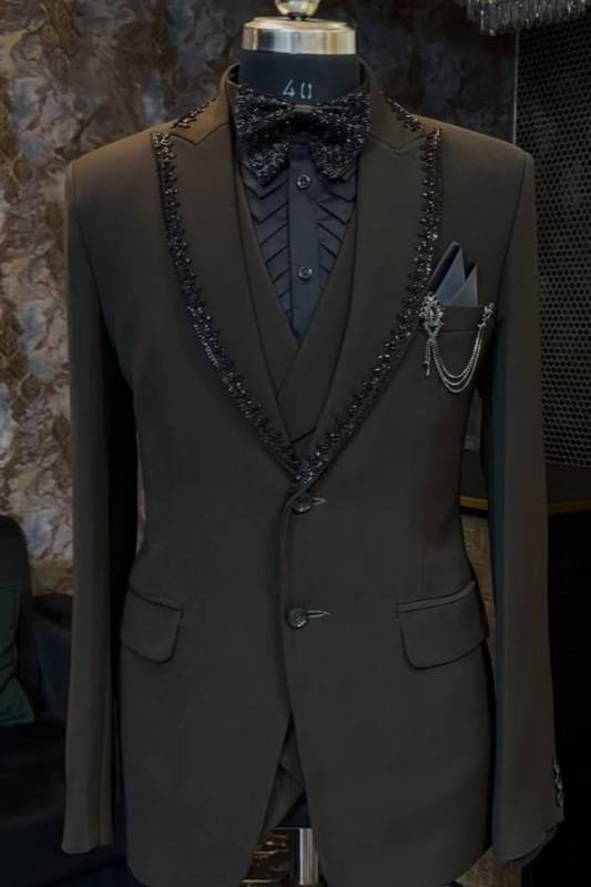 Sebastian Handsome Black Peaked Lapel Three Pieces Men Suits With Braid Sebastian Handsome Black Peaked Lapel Three Pieces Men Suits With Braid