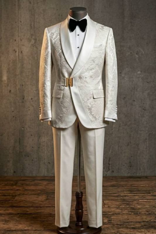 Shelton Smart White Jacquard Shawl Lapel Best Fitted Wedding Men Suits