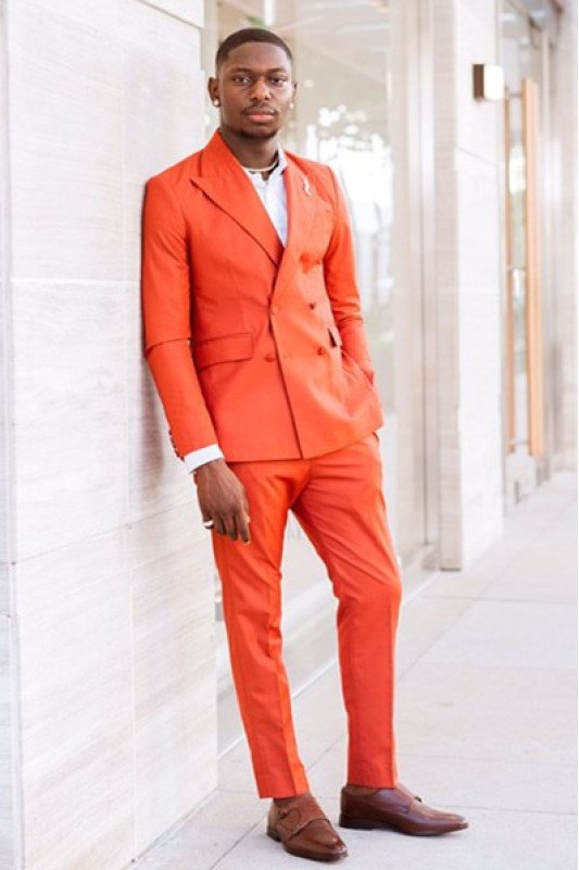 Emily New Arrival Orange Fashion Double Breasted Peaked Lapel Prom Men Suits