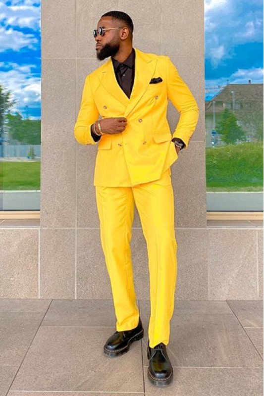 Samuel Saprkly Yellow Double Breasted Peaked Lapel Prom Suits