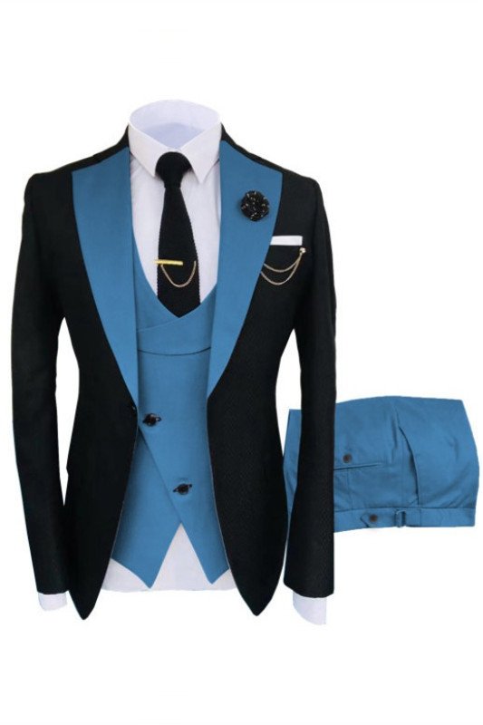Caleb Ocean Blue Stylish Three Pieces Peaked Lapel Men Suits