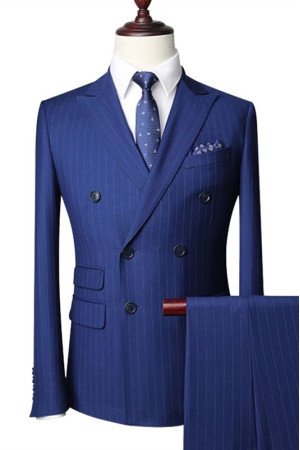 Jordan Stylish Blue Double Breasted Striped Peaked Lapel Men Suits