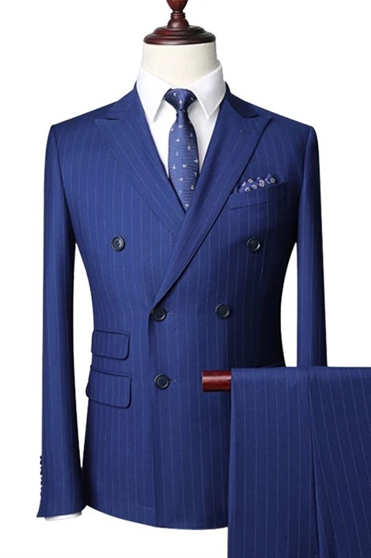 Jordan Stylish Blue Double Breasted Striped Peaked Lapel Men Suits