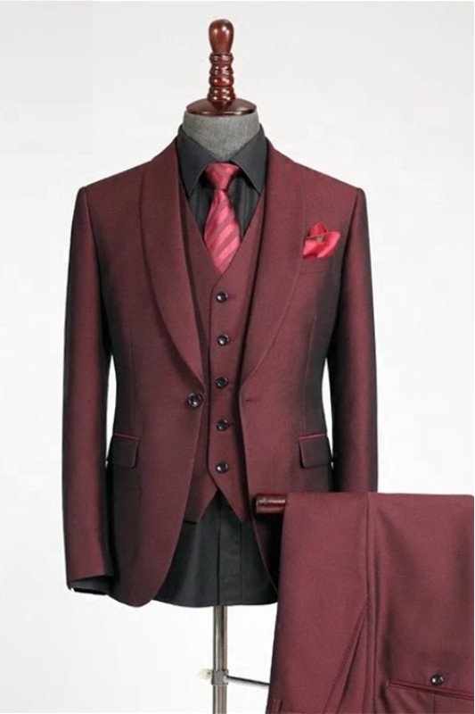 Connor Burgundy Three Pieces Shawl Lapel Bespoke Wedding Suits