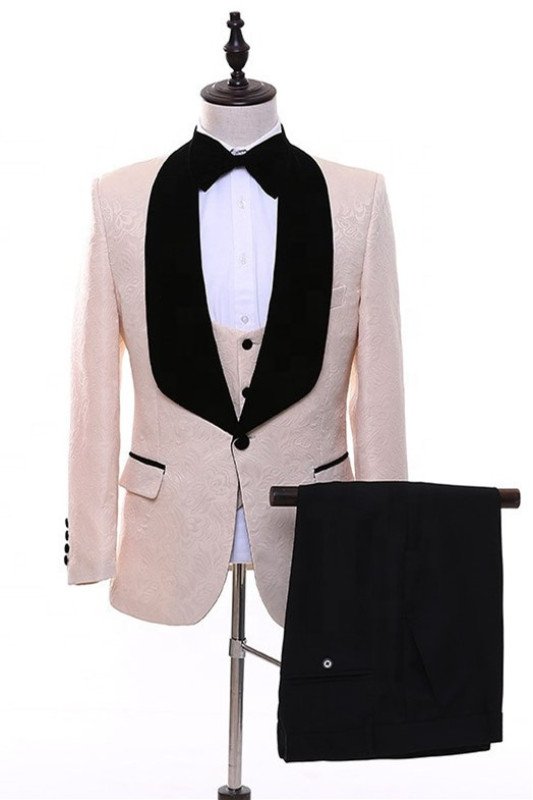 Hunter Pink Jacquard Three Pieces Shawl Lapel Wedding Suits