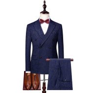 Adam Navy Blue Jacquard Double Breasted Slim Fit Men Suits