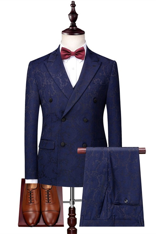 Adam Navy Blue Jacquard Double Breasted Slim Fit Men Suits