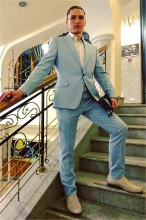 Alex Sky Blue One Button Peaked Lapel Two Pieces Prom Suits Alex Sky Blue One Button Peaked Lapel Two Pieces Prom Suits