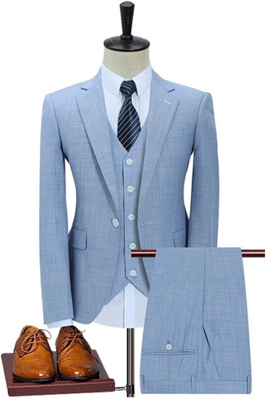 Caden Sky Blue Summer Linen Notched Lapel Three Pieces Business Suits