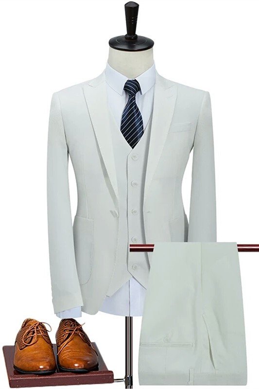 Kaden Bespoke White Three Pieces Peaked Lapel Men Suits