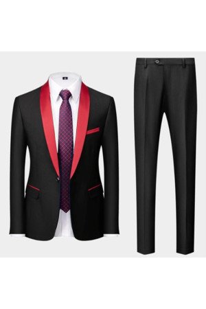 Timothy Black One Button Stylish Wedding Suits with Red Shawl Lapel Timothy Black One Button Stylish Wedding Suits with Red Shawl Lapel