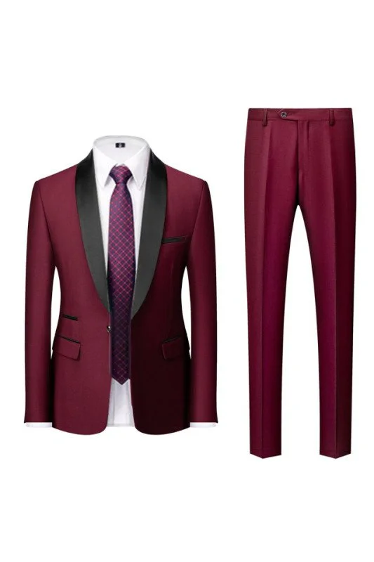 2 Pieces Burgundy Business Prom Suit with Shawl Lapel