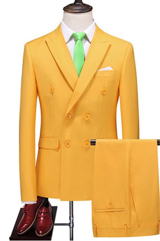 Matthew Yellow Modern Double Breasted Peaked Lapel Men Suits