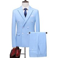 William Sky Blue Fashion Double Breasted Peaked Lapel Men Suits