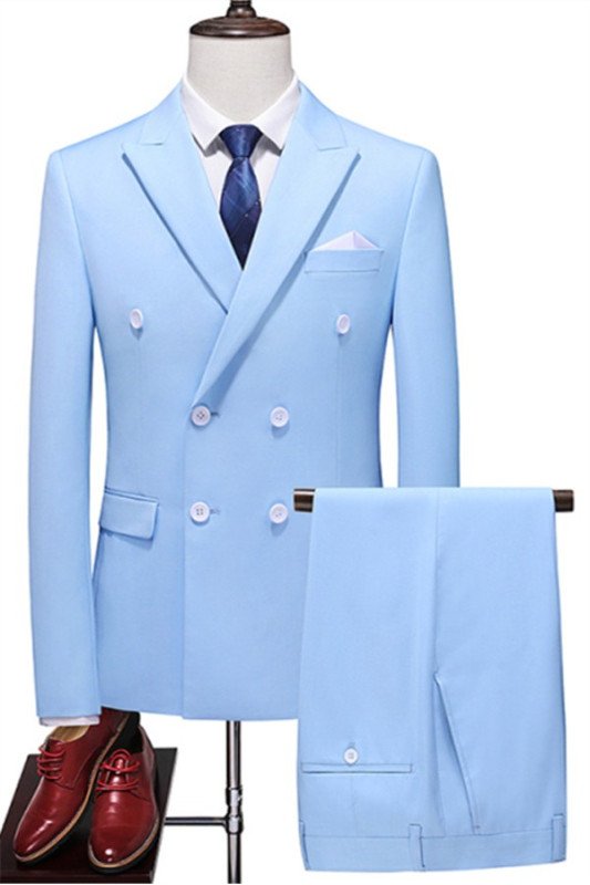 William Sky Blue Fashion Double Breasted Peaked Lapel Men Suits