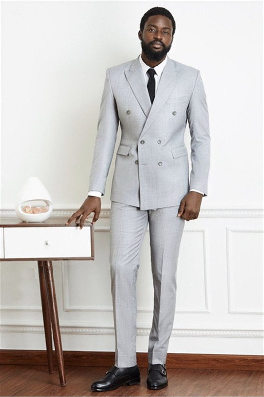 Nathan Newest Silver Double Breasted Peaked Lapel Men Suits for Prom