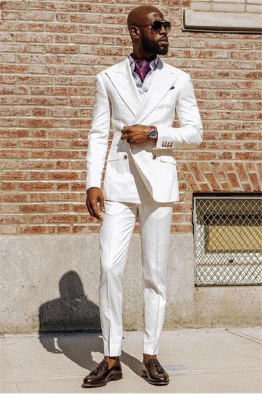 Caleb Bespoke White Peaked Lapel Double Breasted Men Suits