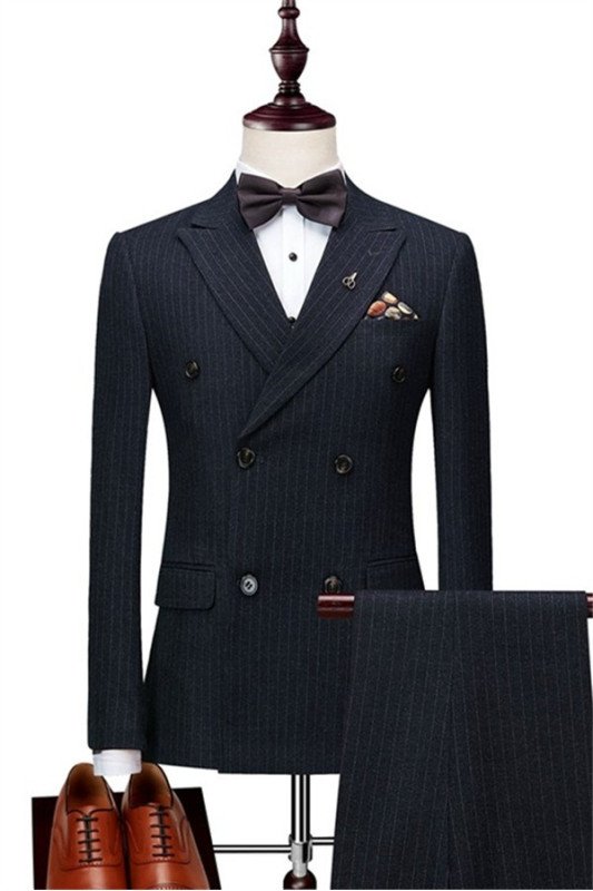 Kevin Chic Black Striped Double Breasted Peaked Lapel Men Suits