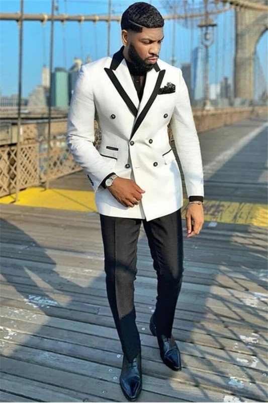 Mason Fashion White Double Breasted Peaked Lapel Wedding Suits